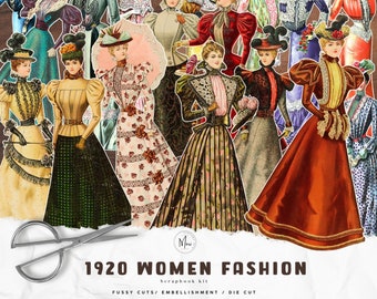 May include: A digital scrapbook kit featuring 12 vintage illustrations of women in 1920s fashion. The women are wearing various styles of dresses, hats, and accessories. The kit includes fussy cuts, embellishments, and die cuts.