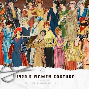 May include: A digital scrapbook kit featuring vintage illustrations of women in 1920s fashion. The kit includes fussy cuts, embellishments, and die cuts. The text "1920s Women Couture" is featured in the image.