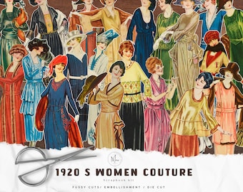May include: A digital scrapbook kit featuring vintage illustrations of women in 1920s fashion. The kit includes fussy cuts, embellishments, and die cuts. The text "1920s Women Couture" is featured in the image.