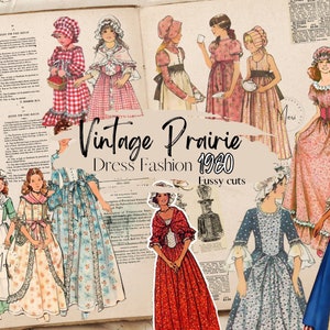 Vintage Prairie Fashion Ephemera corte exigente, 46 peças, diário de lixo, álbum de recortes, MODA Vintage, fantasia de anjo, puritano, bruxa, pioneiro, colonial