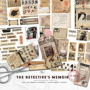 The Detective's Memoir, AGGIUNGI al kit Grunge Mystery Junk Journal, kit di creazione di detective, Sherlock Holmes, carta digitale, sacchetto per prove, effimeri