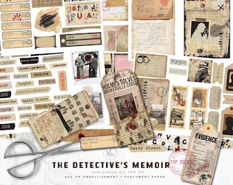 The Detective&#39;s Memoir,ADD ON Grunge Mystery Junk Journal Kit, Detective Crafting kit,sherlock Holmes,Digital Paper,Evidence Bag,Ephemera