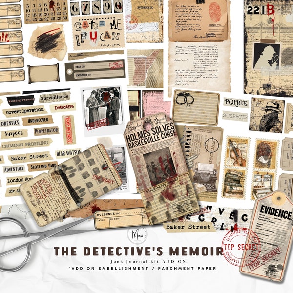 The Detective's Memoir,ADD ON Grunge Mystery Junk Journal Kit, Detective Crafting kit,sherlock Holmes,Digital Paper,Evidence Bag,Ephemera