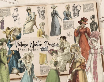 May include: Vintage winter dress fashion illustrations from the 1800s. The illustrations feature women wearing various styles of dresses, including long-sleeved dresses with high necklines, dresses with puffed sleeves, and dresses with lace trim. The illustrations are in a variety of colors, including black, white, red, blue, and green.