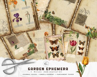 Könnte beinhalten: Ein digitaler Druck-Kit für Junk Journaling mit botanischem Thema. Das Kit enthält Bilder von Blumen, Schmetterlingen und handschriftlichem Text auf gealtertem Papier. Der Text auf dem Bild lautet "GARDEN EPHEMERA A Botany Junk Journal kit JOURNAL PAGES / EMBELLISHMENT / PARCHMENT PAPER".