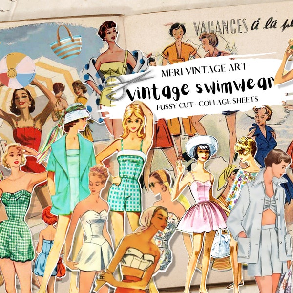 Vintage swimwear Fashion Ephemera fussy cut,45pc,junk Journal,Scrapbooking,Vintage FASHION,summer,maillot,Craft Ephemera,Digital Download