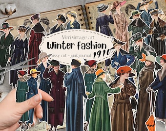 May include: Vintage illustrations of women wearing winter fashion from 1910. The women are wearing coats, hats, and dresses. The illustrations are in a collage style and are perfect for scrapbooking or junk journaling.