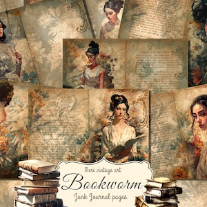 Bookworm Junk Journal Kit,Dark Academia, Reading books, Author,Vintage books sheets,Printable journal sheets,Ink,Digital Download,Book Lover