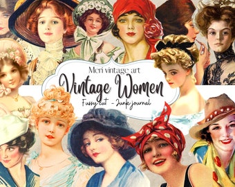 May include: A collage of vintage images of women with various hairstyles and clothing. The images are in a variety of colors, including red, blue, green, and yellow. The text "Meri vintage art Vintage Women Fussy cut - Junk journal" is at the top of the collage.