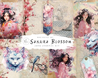 Sakura Blossom Junk Journal, carta per album stampabile, Ephemera, ciliegia stampabile, inserto giapponese, blu pastello, rosa, Shabby Chic, collage digitale
