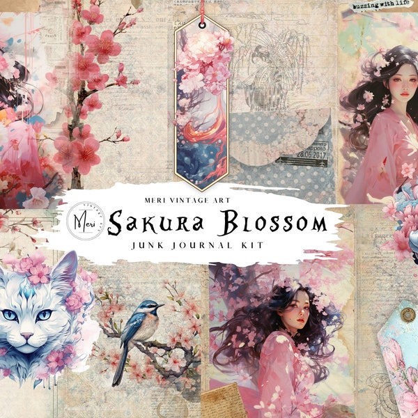 Sakura Blossom Junk Journal, carta per album stampabile, Ephemera, ciliegia stampabile, inserto giapponese, blu pastello, rosa, Shabby Chic, collage digitale