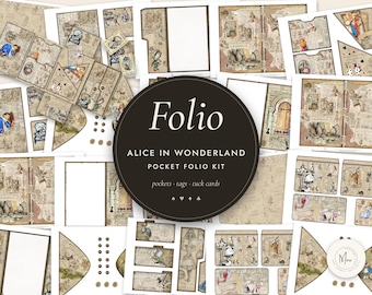 Peut inclure: Un kit de loisirs créatifs en papier avec des illustrations d'Alice au pays des merveilles, incluant des pochettes, étiquettes et cartes. L'étiquette centrale sombre porte le texte Folio, ALICE IN WONDERLAND, POCKET FOLIO KIT.