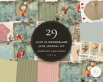 Peut inclure: Un ensemble de 29 feuilles imprimables pour journal créatif sur le thème d'Alice au pays des merveilles, avec des illustrations vintage de personnages, horloges, cartes à jouer, enveloppes et motifs dans des tons bleu sarcelle, rose et crème.
