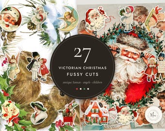 Viktorianska julfigurer, 27 utskrivbara antika jultomte-, ängel- och edwardianska barnfigurer, vintage julemotiv PNG