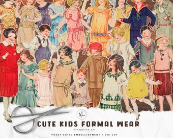 May include: A digital scrapbook kit featuring illustrations of children in various formal outfits. The kit includes fussy cuts, embellishments, and die cuts. The title of the kit is "Cute Kids Formal Wear".