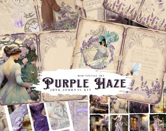 Purple Haze Junk Journal Kit, Printable Scrapbook Papers, Lavender, Embellishments,  Digital Download