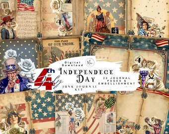 independence day junk journal,4th of July,Patriotic America, Junk Journal Kit, Americana,Veteran,Army,Vintage, Printable, Digital Download