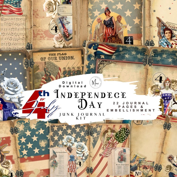 independence day junk journal,4th of July,Patriotic America, Junk Journal Kit, Americana,Veteran,Army,Vintage, Printable, Digital Download