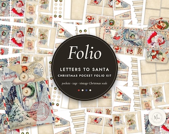 May include: A Christmas pocket folio kit featuring printed sheets with vintage-style illustrations of Santa Claus, snowy scenes, and postal stamps. The central circular text reads Folio LETTERS TO SANTA CHRISTMAS POCKET FOLIO KIT.