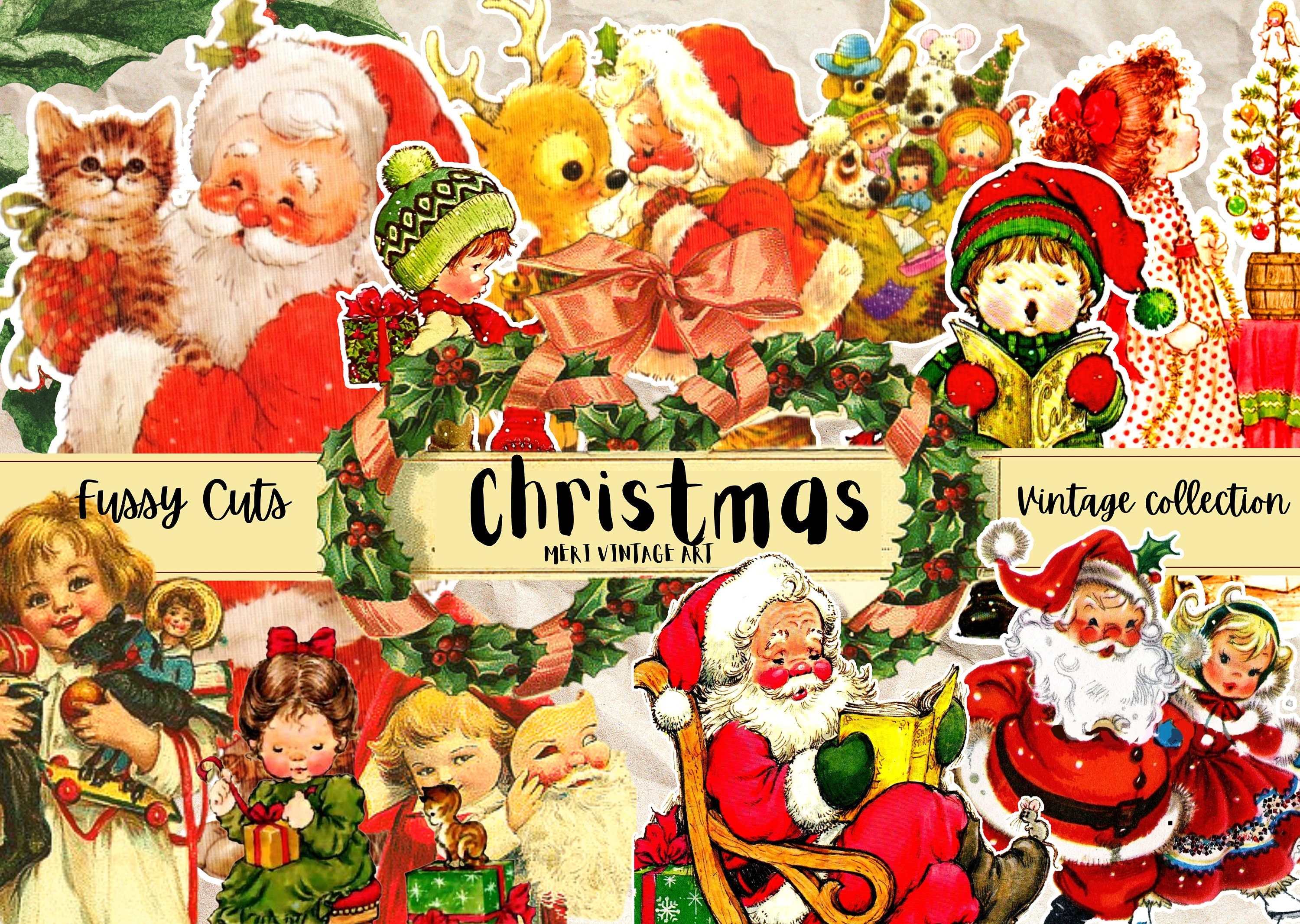Junk Journal christmas fussy cuts,Retro christmas 1950Scrapbooking,Vintage santa,Journaling Stickers,Cut-out,Craft Ephemera,Digital Download