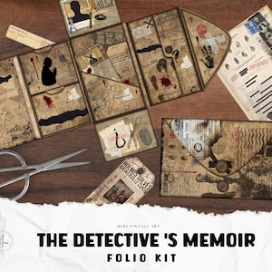 Peut inclure: Un kit de folio vintage pour le scrapbooking ou l'artisanat. Le kit comprend une enveloppe en papier brun avec une tache rouge, un dossier en papier brun avec une tache rouge et un dossier en papier brun avec une tache rouge. Le kit comprend également un dossier en papier brun avec une tache rouge, un dossier en papier brun avec une tache rouge et un dossier en papier brun avec une tache rouge. Le kit est intitulé "The Detective's Memoir Folio Kit".