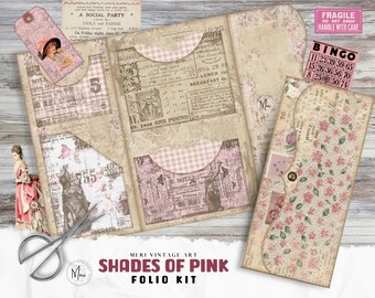 May include: A vintage folio kit featuring a pink and white gingham pattern, a floral design, and a newspaper print. The kit includes various pockets and compartments for storing papers, photos, and other ephemera. The kit is titled "Shades of Pink Folio Kit" and is by Meri Vintage Art.