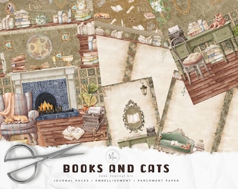 May include: A digital collage depicting a library interior with books, a fireplace, and cats. The image includes journal pages, embellishments, and parchment paper. The text "BOOKS AND CATS" is displayed.