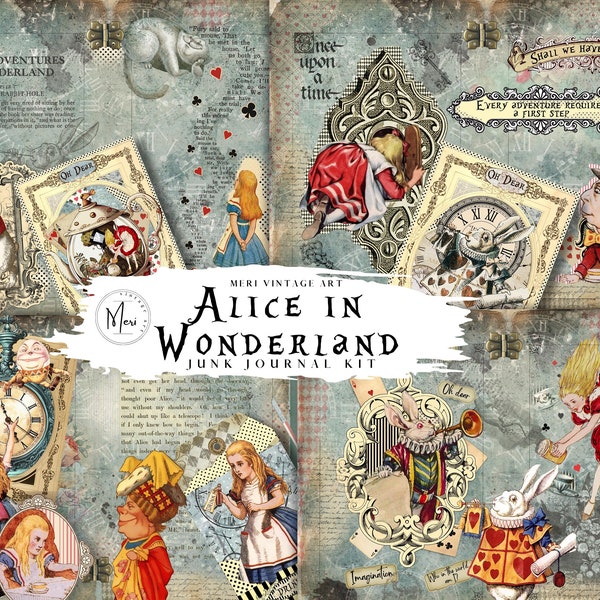 Alice in Wonderland Junk Journal Kit, Printable Scrapbook Papers, Digital Download