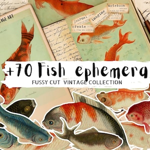 Corte quisquilloso de pescado imprimible, 77 piezas, diario basura, álbum de recortes, decoración vintage, pegatinas de diario, recortes, efímera artesanal, descarga digital