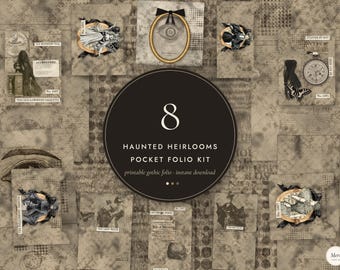 May include: A digital collage kit titled 8 Haunted Heirlooms Pocket Folio Kit featuring sepia-toned vintage paper textures, illustrations of an eye in a gold frame, a pocket watch, a butterfly, and various gothic-style figures in oval frames.