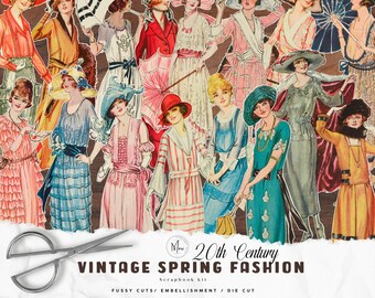 May include: A vintage scrapbook kit featuring 20th century spring fashion illustrations. The kit includes fussy cuts, embellishments, and die cuts. The illustrations depict women in various styles of clothing, including dresses, hats, and accessories.