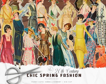 May include: A collage of vintage illustrations featuring women in early 20th-century spring fashion. The images showcase various outfits, including dresses, hats, and accessories, in a range of colors. The text "20th Century Chic Spring Fashion" is also visible.