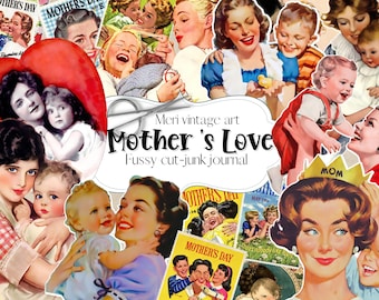 Peut inclure: Un collage d'images vintage représentant des mères et des enfants. Les images sont de couleurs et de styles variés, et certaines comprennent du texte comme "Fête des mères" et "Maman".