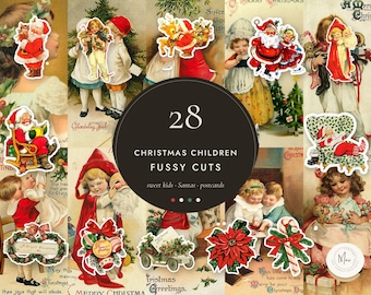 Julklappar med vintagemotiv för barn, 28 utskrivbara söta barn- och jultomtemotiv, antika julvykort, skräpjournal-ephemera PNG