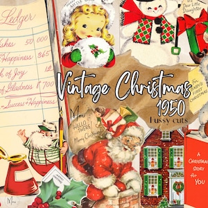 vintage christmas 1950 fussy cut, zestaw do rękodzieła, święty mikołaj, wycinanki papierowe, efemerydy do dziennika śmieci, wydruki kolażowe, karta, naklejka do wydrukowania, scrapbooking