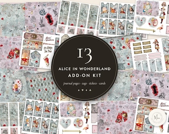 Peut inclure: Un ensemble de feuilles de collage numériques intitulé 13 Alice in Wonderland Add-On Kit comprenant des pages de journal, des étiquettes, des billets et des cartes. Illustrations de personnages, roses rouges, horloges et théières.
