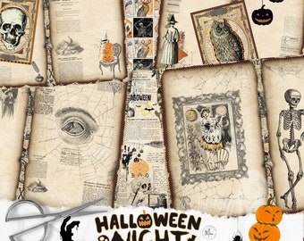 May include: A digital collage sheet with a Halloween theme. The sheet features images of a skull, an owl, a witch, a skeleton, a spider, pumpkins, and other Halloween-themed elements. The sheet is designed to be used for scrapbooking, card making, and other paper crafts.