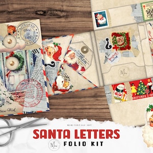 Folio navideño, kit de diario basura, folio plegable, cartas a Papá Noel, retro, vintage, carpeta, kit de manualidades, imprimible, efímera, descarga digital
