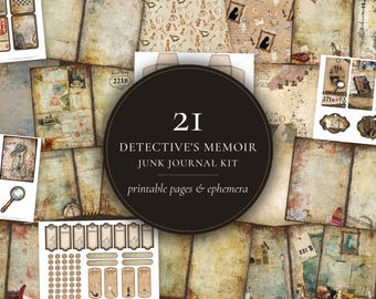 May include: A digital junk journal kit featuring printable pages and ephemera with a detective theme. The collection includes aged paper textures, magnifying glasses, pipes, and the text 21 DETECTIVE'S MEMOIR JUNK JOURNAL KIT.