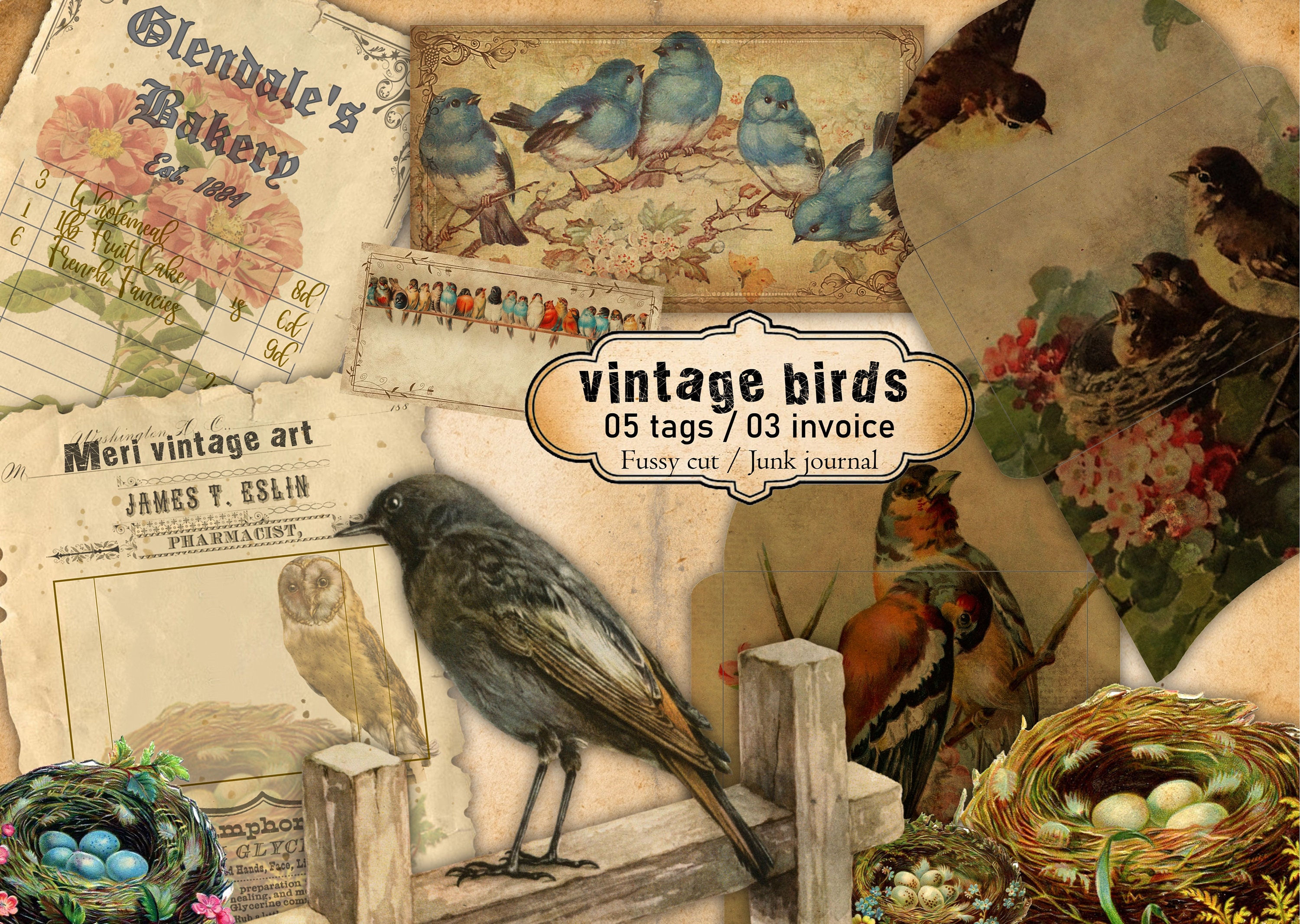 Printable VINTAGE BIRDS Ephemera Pack,fussy Cuts,junk Journal