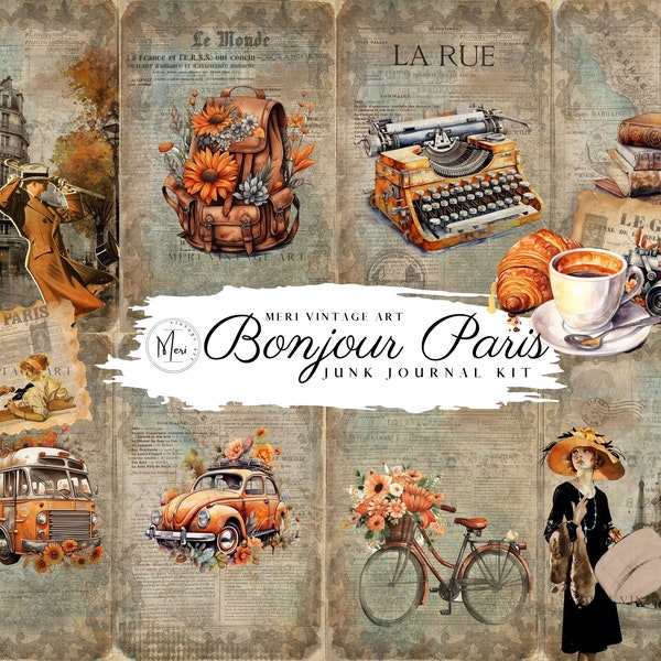 travel Junk Journal printable Kit, Digital Download, PARIS, voyage, vacation, Printable Page,paris, vintage ephemera, Europe,travel,Shabby