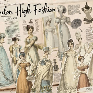 London High Fashion VINTAGE Suknia wieczorowa z wycięciem, 43PC, junk Journal, Vintage FASHION, naklejka, wycinanka, efemeryda, pobieranie cyfrowe, REGENCY png