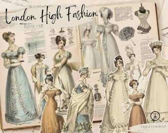 May include: A collection of vintage illustrations of women in high fashion dresses from London. The illustrations are in a variety of colors, including blue, white, and brown. The illustrations are set against a background of a vintage book page with text about fashion.