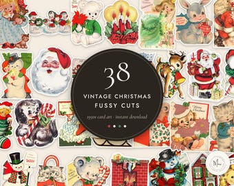 Julklappar med vintagemotiv, 38 utskrivbara julkortsklipp från 1950-talet, retro snögubbemotiv med tomten, skräpjournal-clipart PNG