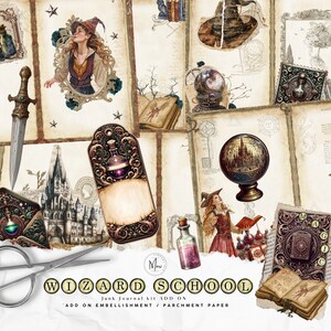 Könnte beinhalten: Ein digitales Collage-Set für Junk Journaling mit dem Thema Zauberschule. Das Set enthält Bilder einer Hexe, eines Schlosses, eines Zauberstabs, eines Buches, einer Zaubertrankflasche und eines Globus. Der Text "Wizard School" ist in Schreibmaschinenschrift gedruckt. Das Set ist eine zusätzliche Verzierung und Pergamentpapier.