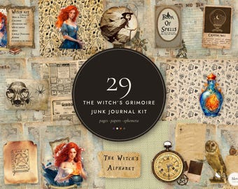 May include: A digital junk journal kit titled 29 The Witch's Grimoire Junk Journal Kit, featuring illustrations of a red-haired woman, a witch on a broom, a crystal ball, a potion bottle, an owl, a pocket watch, and vintage paper textures.
