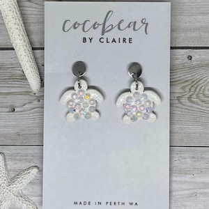 Handmade Bedazzled Turtle Earrings | Polymer Clay | Beach Dangle Drop