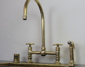 Unlacquered Brass Bridge Faucet, 8 Bridge center BALL-SHAPED Faucet With Linear short Legs and Sprayer