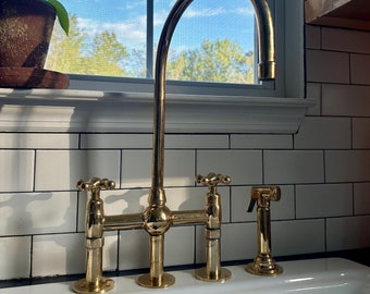 Unlacquered Brass 3 Holes Kitchen Bridge Faucet With Side Sprayer & Cold Water faucet