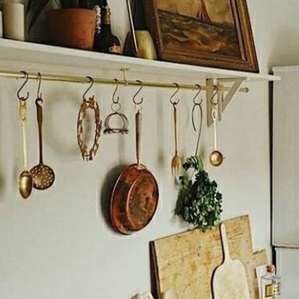 Unlacquered Brass Wall Mounted Organizer Rack With 10 Hooks for Home Kitchen